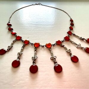 Vintage Sterling Silver Bib Necklace Red Carnelian Cabochon Rare Art Deco Style